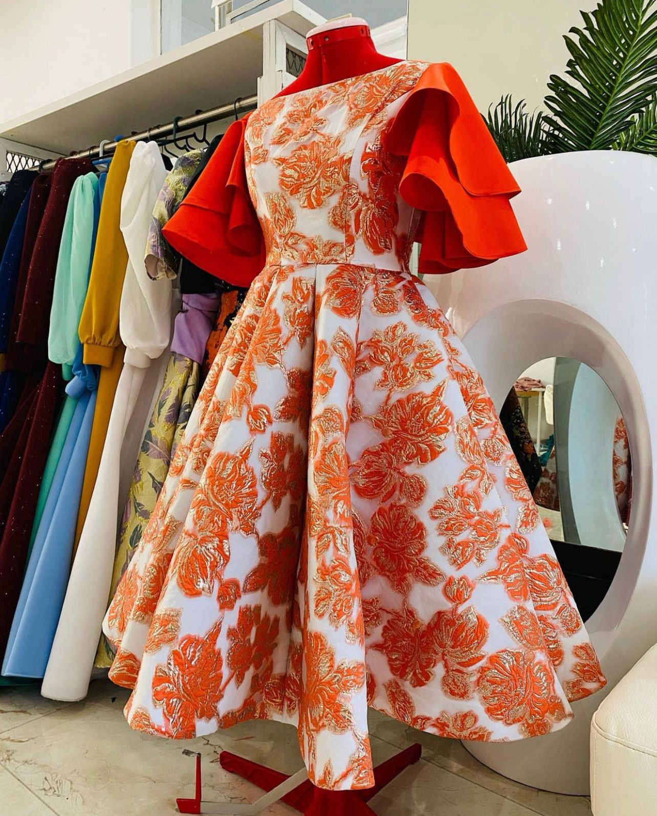 Shenell orange and white brocade dress with double layer bell sleeves 001