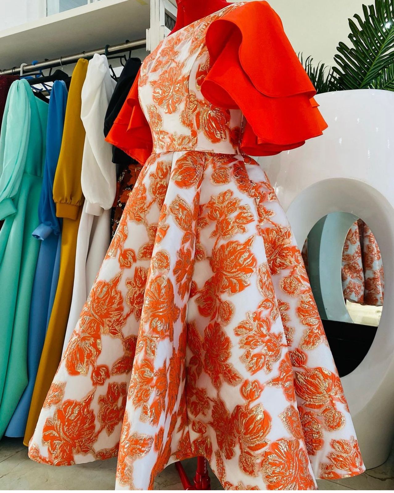 Shenell orange and white brocade dress with double layer bell sleeves 001