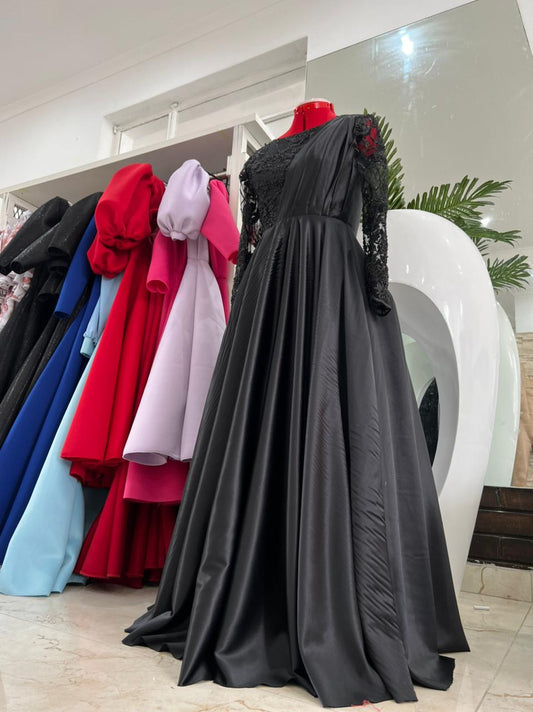 Shenell black satin with beaded lace