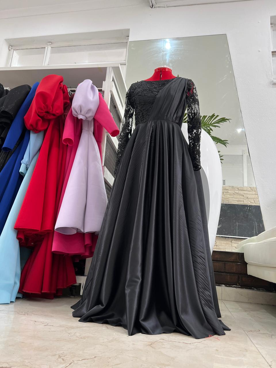 Shenell black satin with beaded lace