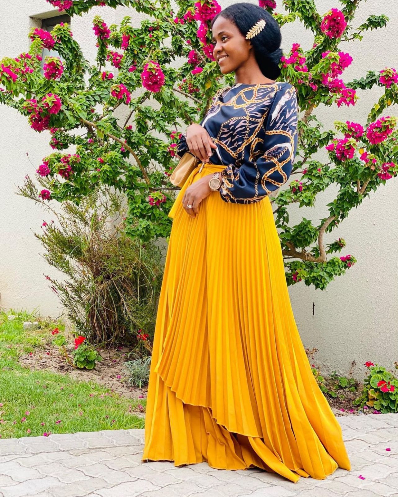 Yellow long clearance pleated skirt